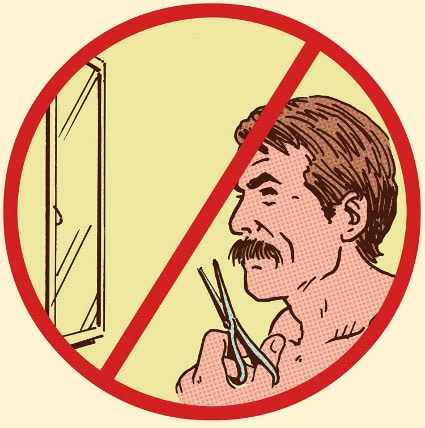 1 Man trimming handlebar mustache in front of mirror in a don't sign.
