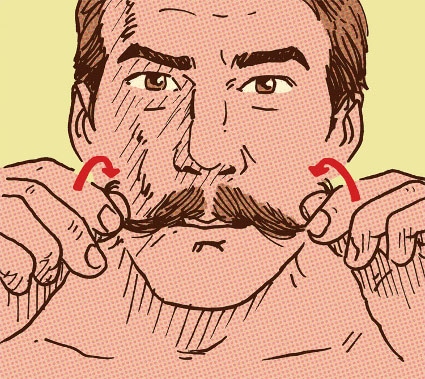 4 Man curling tips of handlebar mustache illustration.