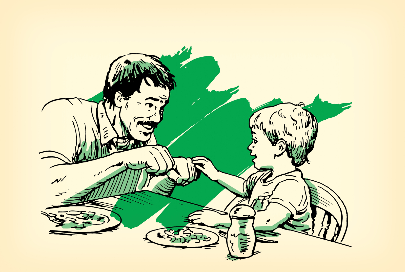 A man and a toddler eating together vector, available for 1 credit or $1 USD.