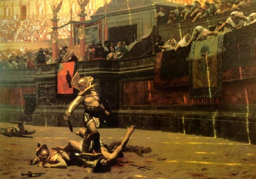 A painting depicting a man in the arena, surrounded by a crowd.