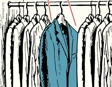 Illustration of a closet showcasing several white suits and one blue suit on hangers, highlighting the importance of suit care and how proper maintenance can prolong suit lifespan.